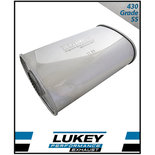8" x 4" OVAL 14" LONG 2.5" O/C GLASS PACKED CHAMBERED LUKEY STAINLESS STEEL UNIVERSAL MUFFLER (J727GPCN-430L)