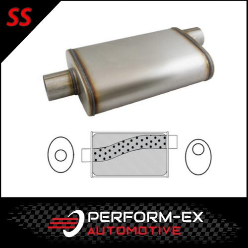 9" X 4" OVAL 14" LONG 2" O/C MEGA POWER 409 STAINLESS STEEL UNIVERSAL MUFFLER (STR7550-409)