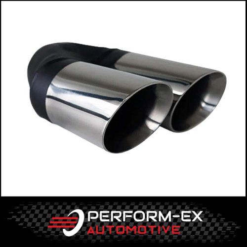 ANGLE CUT INNER CONE STAINLESS STEEL EXHAUST TIP - 2.25" INLET - TWIN 3" OUTLET (LHS)