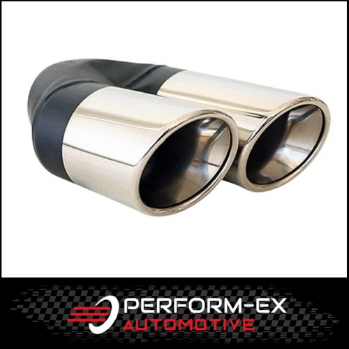 ANGLE CUT ROLLED INNER CONE STAINLESS STEEL EXHAUST TIP - 2.25" INLET - TWIN 3" OUTLET (RHS)